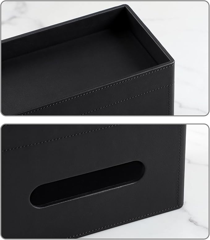 Plus Size Tissue Box Cover Rectangle, PU Leather Tissue Box Holder with Storage Tray, Decorative Organizer Tissue Holder for Bathroom, Bedroom Dresser, Night Stand, Office (Black)