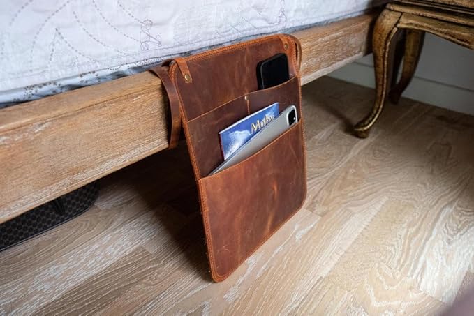 Leather Bedside Storage Organizer, Leather Storage Organizer, Handmade Bedside Caddy with 3 Pockets For Magazines, Books and Accessories