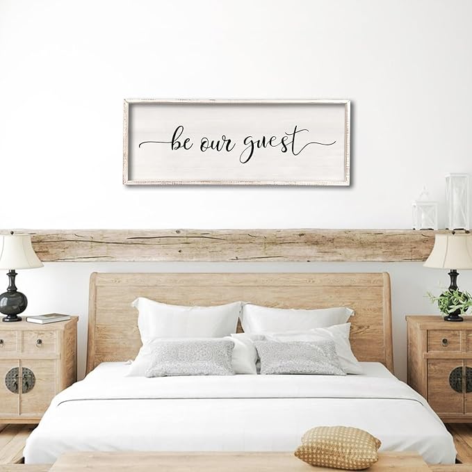 comurdyo Be Our Guest Wall Decor Sign 40”X15” Large Master Bedroom Above Bed Wall Decor Wood Framed Guest Room Sign Simple Rustic Farmhouse Over Bed Bedside Wall Art (White)