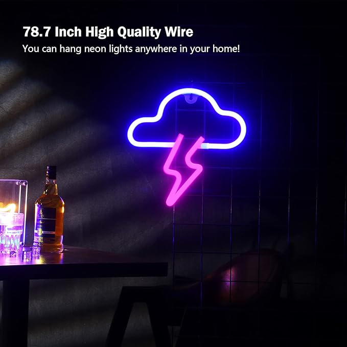 Neon Sign LED Cloud Lightning Neon Signs for Wall Decor Hanging Battery or USB Powered Light Up Neon Lights for Bedroom Aesthetic Kids Room Living Room Bar Party Christmas Wedding Pink