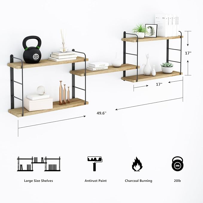 Wall Shelves, Wall Mounted Bookshelves, DIY Floating Shelves for Wall, Wood Hanging Book Shelves for Room, Bedroom, Living Room, Easy Installation (Wooden, 50W x 17H)
