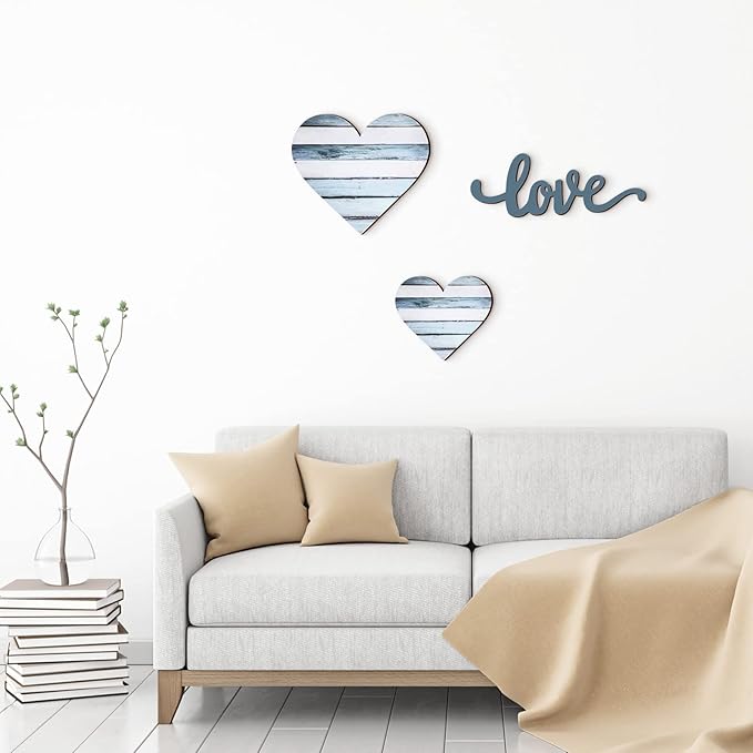 3 Pcs Wooden Hearts Decor Heart Wooden Sign Rustic Hanging Love Plaque for Wall Home Farmhouse Living Room Bedroom Gifts(Blue)