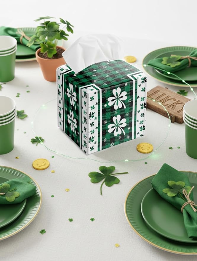 St.Patrick's Day Napkin Tissue Box Cover, Clover Buffalo Plaid Shamrock Waterproof Leather Paper Organizer Dispenser for Table Dining, Bathroom, Nightstand Vanity, Car, Housewarming Gift Ideas, B