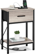 Vagusicc Nightstand with Charging Station, End Table with Fabric Drawer, Small Side Table with 2-Tier Storage Shelves, 25.4" Tall Night Stand, Bedside Table for Bedroom, Living Room, Dorm, Greige