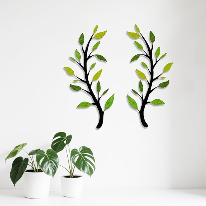 Yuzhuo 2 Pieces Metal Tree Leaf Wall Décor Branch Leaf Wall Art for Indoor Outdoor Garden Home Bedroom Living Room Decorations Iron Scroll Sculptures Above the Bed(Light Green, S)