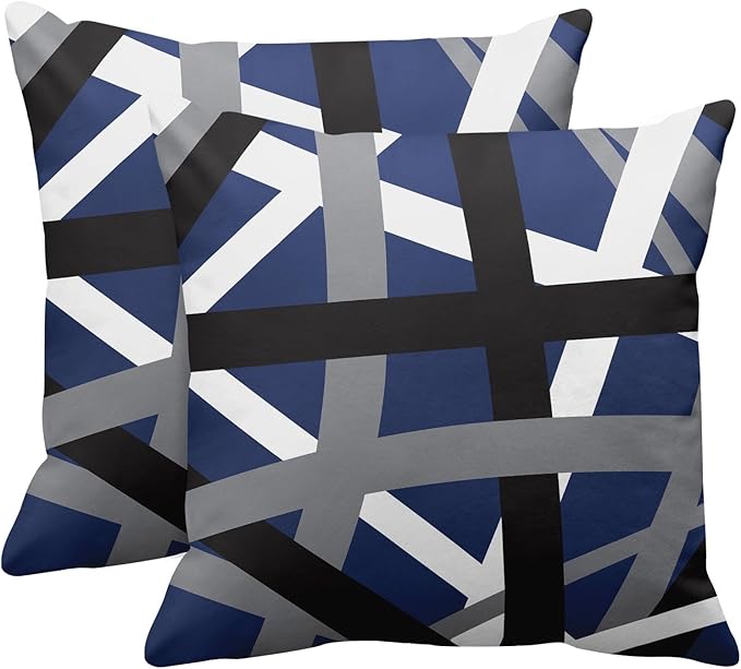 Emvency Set of 2 Throw Pillow Cover Blue Black Stripes Grey White Design Retro Decorative Pillow Case Striped Home Decor Square 18x18 Inch Cushion Pillowcase
