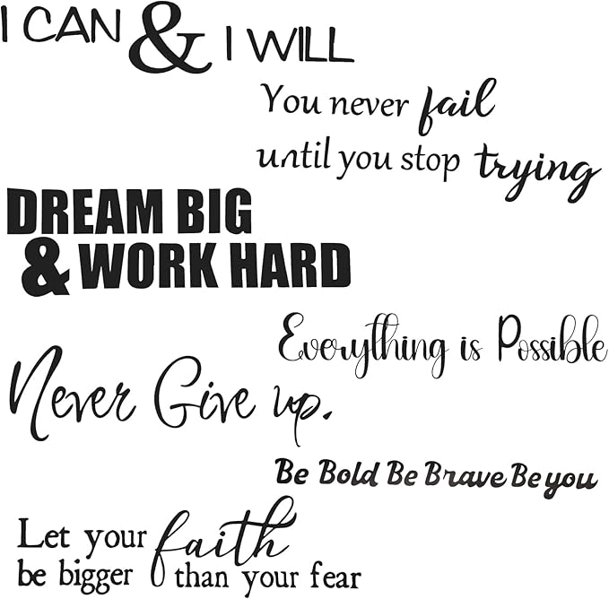 6 Sheets Decals for Walls, Inspirational Wall Stickers, Motivational Wall Decals Peel and Stick, Positive Saying Wall Art for Bedroom Office Teen Room Decor (Never Give up, Dream Big & More)