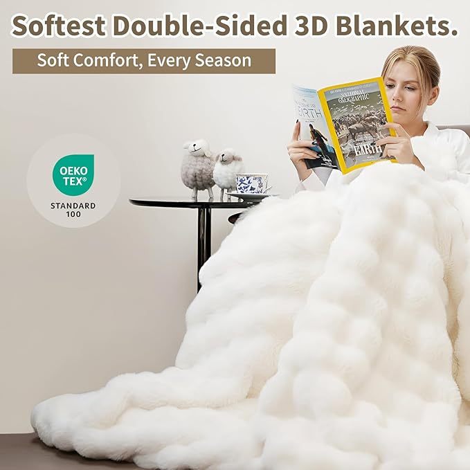 Ultra Soft Plush Cozy Throw Blanket, Foldable Faux Fur Blanket for Couch Spring Travel Camping, Machine Washable Easy Care for Home Bed Office Airplane Car Women, 50" x 60" Cream White
