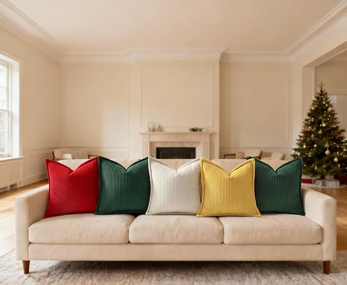 Mecatny Christmas Corduroy Throw Pillow Covers 12x20 Set of 2, Neutral Decorative Soft Boho Lumbar Couch Pillow Covers with Broadside for Sofa Living Room, Christmas Red