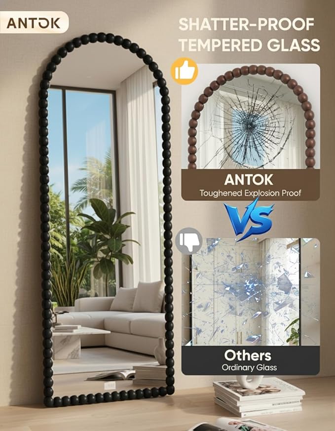 Antok 57" x 21" Arched Full Length Mirror, Antique Beaded Frame Floor Standing or Wall Mounted Mirror with Stand for Bedroom, Entryway, Black, Luxury Style