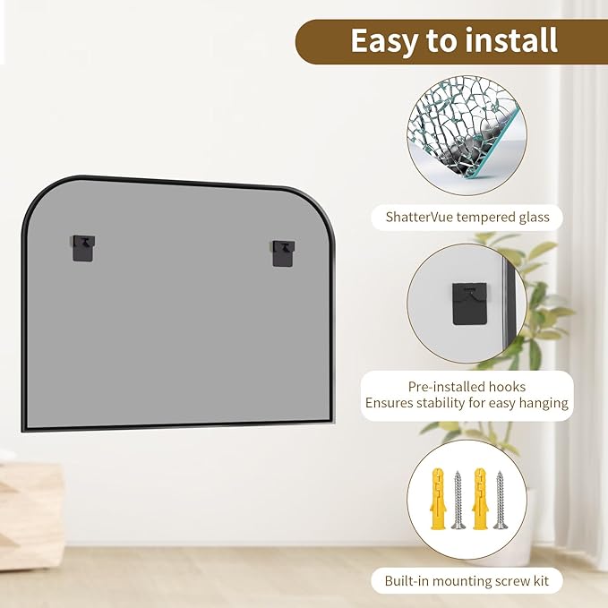 Black Wall Mounted Bathroom Mirror - 48 x 30 Inch Round Cruved Top Right Angle Bottom Wall Mirror, Aluminum Metal Framed, Decor for Living Room, Bedroom, Fireplace, Mantle, Entryway