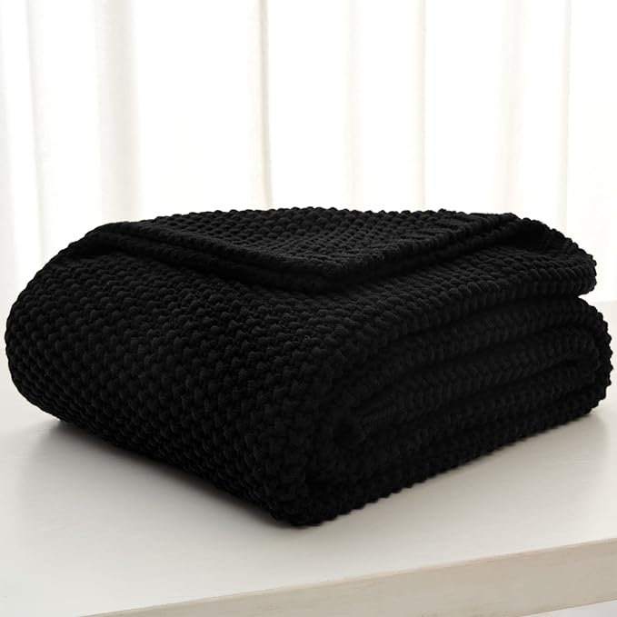 Chunky Cable Knit Throw Blanket Lightweight Black 100% Organic Cotton Blanket for Sofa Couch Bed Baby Nursery, Rustic Shabby Chic Modern Farmhouse, 51” x 63” Give Laundering Bag
