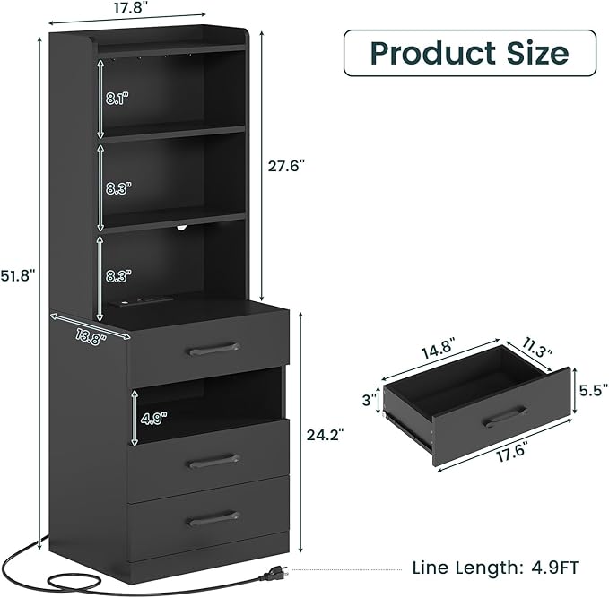AOGLLATI Tall Nightstand with Charging Station and LED Lights, Night Stand with 3 Drawers and Storage Shelves, Bedside Table with Bookshelf, Modern End Side Table for Bedroom, Black