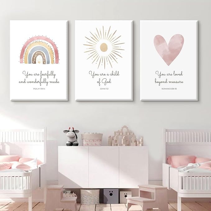 Boho Nursery Wall Art 3 Pieces Bible Verse Nursery Canvas Wall Decor Christian Baby Girls Wall Art Heart Rainbow Sun Pictures Boho Sunshine Prints for Girl Baby Kid Room 16x24 Inch Wrapped Canvas