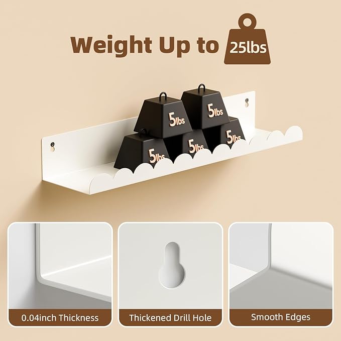 Nursery Book Shelves,Kids Bookshelf and Toy Storage,17 Inch Metal Floating Shelves Set of 4,Wall Shelves for Bedroom, Kids Room,Bathroom,Kitchen,Playroom Decor,Nursery Decor (White Metal, 17 inch)