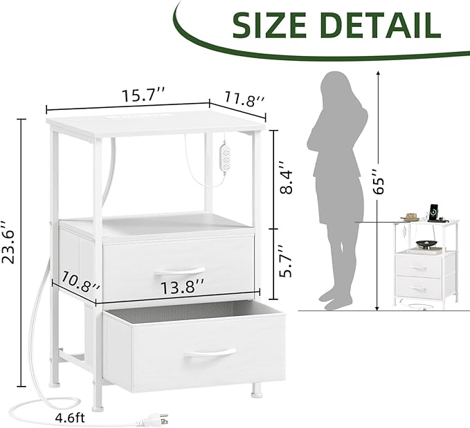 Somdot Nightstands Set of 2,End Tables with Charging Station and LED Lights,Night Stand with 2 Fabric Drawers, End Table with Open Shelf, Small Nightstand for Bedroom, White Leather