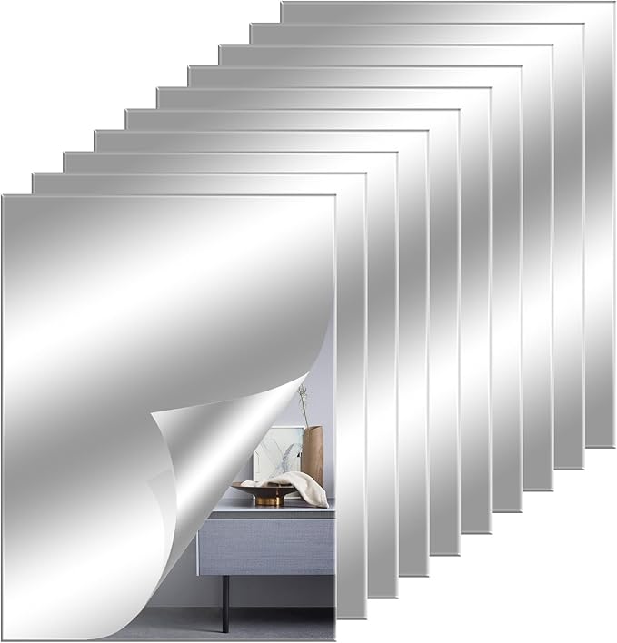 8" x 6" Acrylic Flexible Mirror Sheets, 10 Pack Self Adhesive Mirror Tiles Square Cuttable Mirror Wall Stickers, Non-Glass Mirror Stickers Safety Reflective Mirror for DIY Craft Home Wall Decor