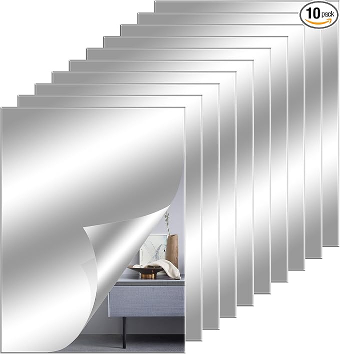 8" x 6" Acrylic Flexible Mirror Sheets, 10 Pack Self Adhesive Mirror Tiles Square Cuttable Mirror Wall Stickers, Non-Glass Mirror Stickers Safety Reflective Mirror for DIY Craft Home Wall Decor