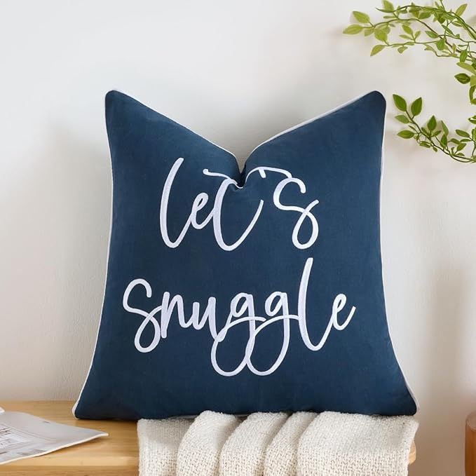 Sunkifover Let's Snuggle DecorativeThrow Pillow Cover - 18" x 18" Blue and White Cotton Embroidery Square Throw Pillowcase for Bed, Bedroom, Living Room, Home Decor