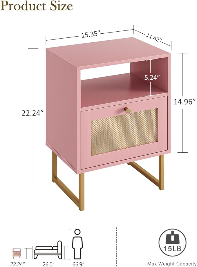 Rattan Nightstand, Boho Night Stand Farmhouse Wood Bedside Table with Storage and Open Shelf, End Side Accent Table for Bedroom,Living Room,Pink