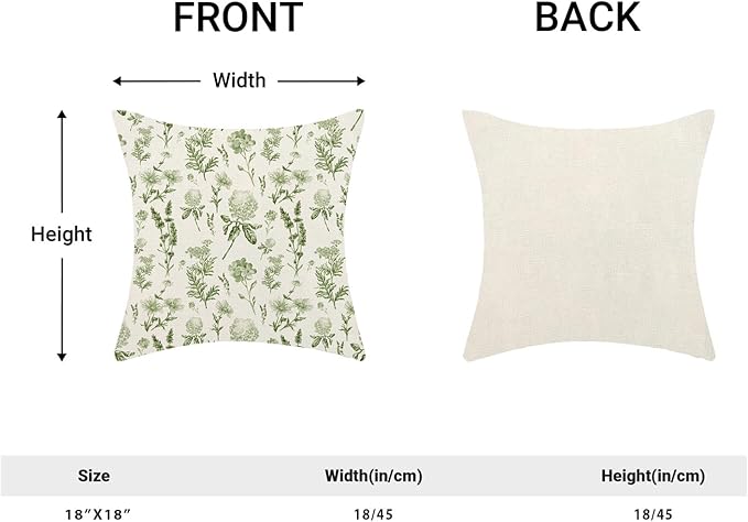 AEIOAE Sage Green Spring Pillow Covers 18x18 Inch Set of 2, Wild Flower Leaves Plant Throw Pillows Case,Seasonal Floral Outdoor Decorative Farmhouse Decor Cushion Covers for Home Sofa Bed Couch