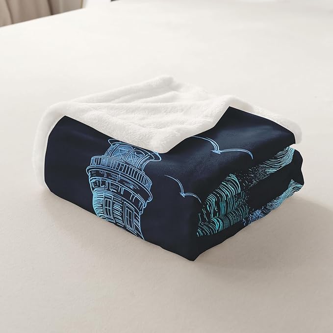 Nautical Lighthouse Fleece Blanket, Sea Wave Splash Spray Flying Birds Ocean Navigation Theme Hand Drawn Sherpa Blanket,Decorative Sofa Blanket Throw Lightweight, Throw 50"x60", Blue Black