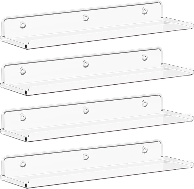 Lifewit Floating Shelves for Bathroom, 14" Clear Wall Organizer for Makeup, Perfume, Figures, Photo, Decor Shelf for Nursery, Living Room, Bedroom, Kitchen, Over Toilet Storage Rack, Clear, 4 Pack