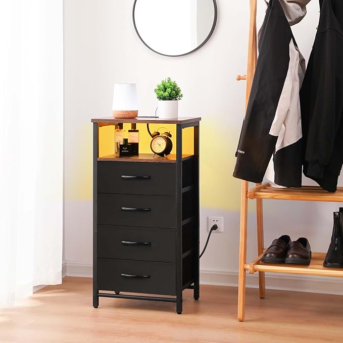 Yoobure Night Stand - LED Nightstand with Charging Station, Tall Dresser for Bedroom, Bedside Table with 4 Fabric Storage Drawers and Storage Shelf, End Table with USB Ports and Outlets