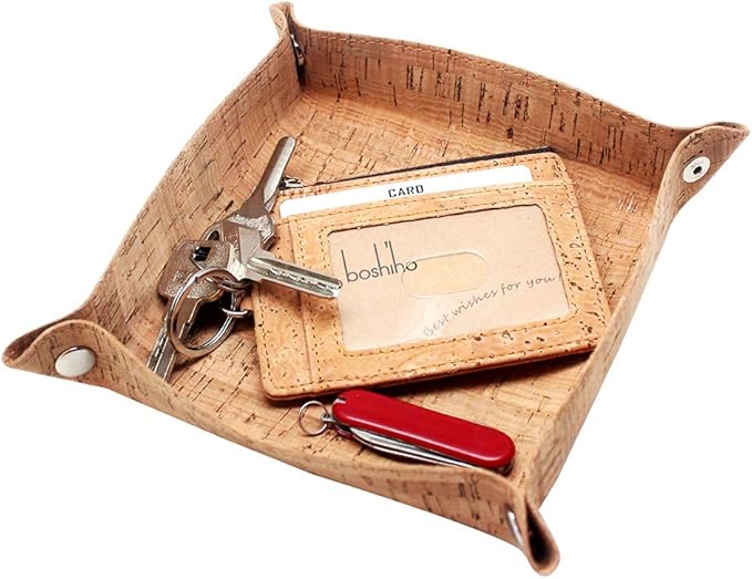 boshiho Valet Tray for Men, Natural Cork Jewelry Catchall Key Phone Coin Box Change Caddy Bedside Storage Box (Cork)