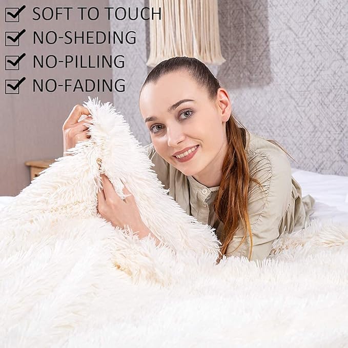 YUSOKI Long Faux Fur Twin Size Blanket,2 Layers,3.4lb for Bed Couch Home Décor Gifts Women (Cream White,60" x 80")