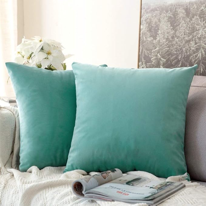 MIULEE 26x26 Inch Euro Sham Velvet Pillow Covers, Set of 2 Large Square Decorative Pillows -Aqua Green Super Soft for King Bed, Sofa, Couch, Accent Chairs with Hidden Zipper
