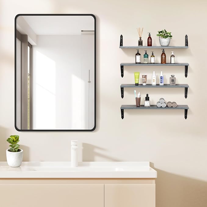 Wood Floating Shelves Set of 4, Rustic Storage Decor Wall Shelves, Wall Mounted Shelf for Living Room, Bedroom 23.6" x 6", Grey