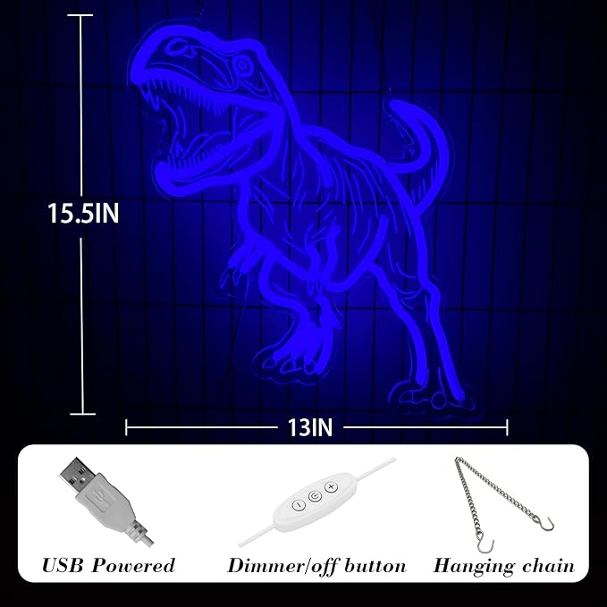 Dinosaur Neon Sign for Wall Decor, USB Dimmable Blue LED Night Light for Boys Bedroom, Jurassic Party Decorations, Birthday, Halloween and Christmas Gift, 15.5 x 13 inch