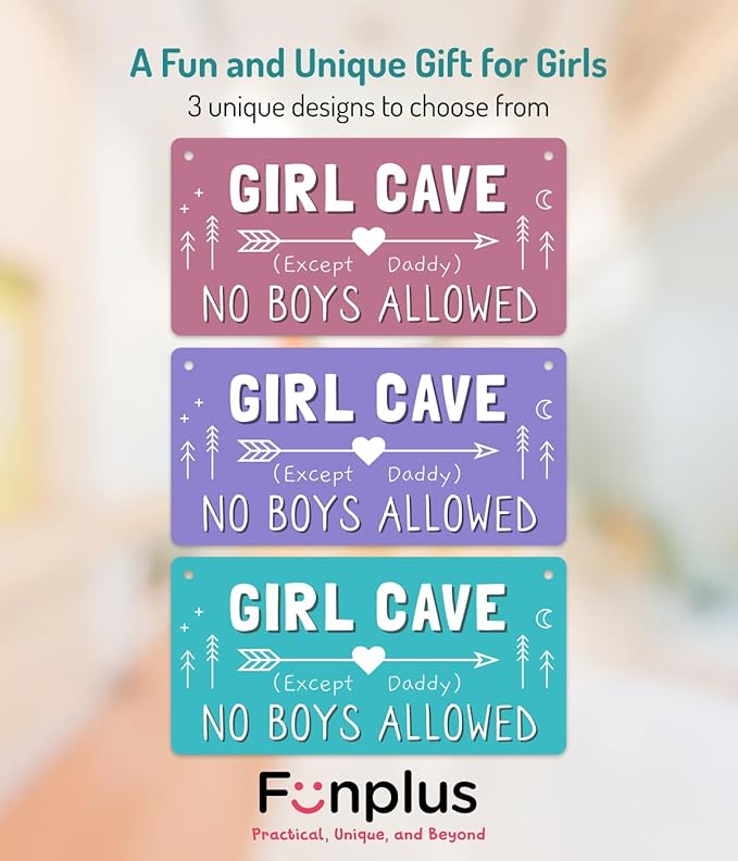 Girl Cave Sign, 12″x6″ PVC Plastic Wall Decoration Hanging Sign, High Precision Printing, Water Proof, Girls Only Room Decor, No Boys Allowed Except Daddy for Girls Bedroom