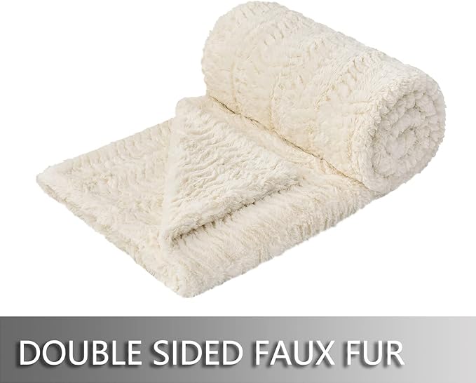 YUSOKI Luxury Faux Fur Blanket for Queen Size Bed 2 Layers,7.3lb,All Ages,Home Decoration Without Pillows (Ivory,90" x 90")