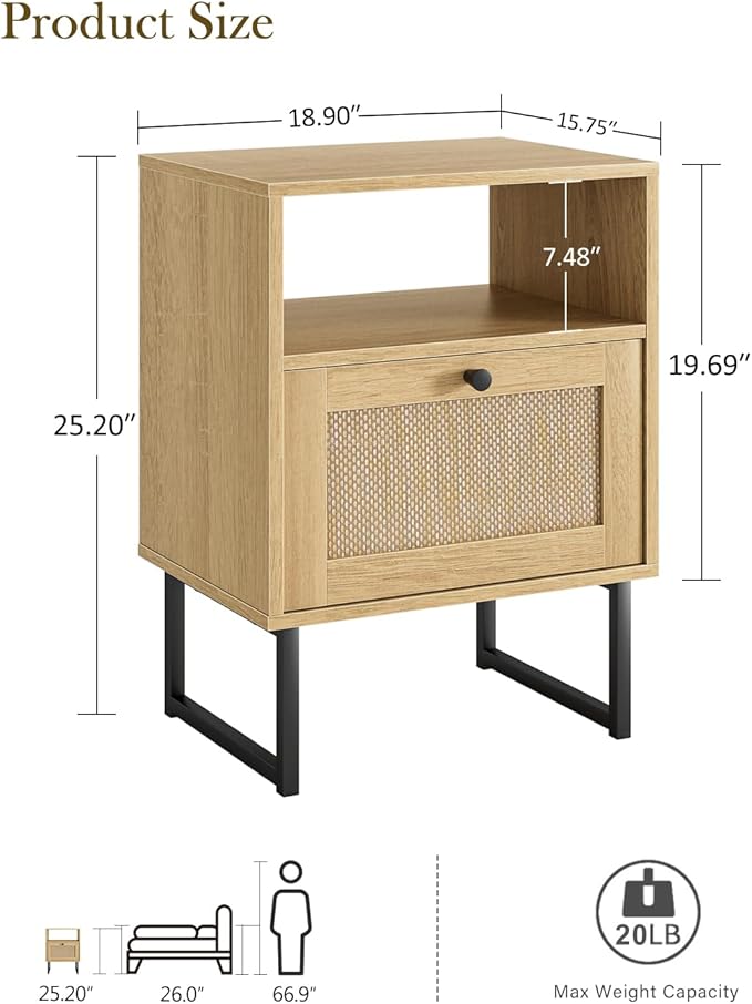Rattan Nightstand, Mid Century Modern Night Stand,Boho Farmhouse Wood Bedside Table with Storage and Open Shelf, End Side Accent Table for Bedroom,Living Room,Oak