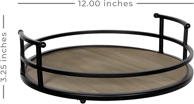 Stratton Home Decor Metal and Wood Round Tray | Wooden Coffee Table Tray Decor for Empty Table Surfaces | Decorative Round Serving Tray with Handles