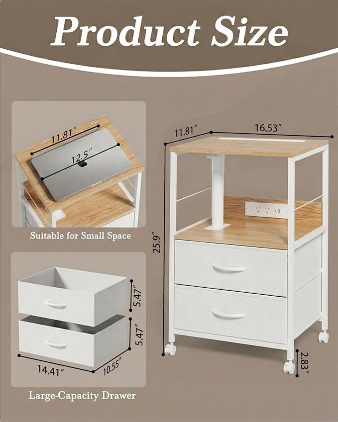 360° Swivel Nightstand with Height Adjustable, Lift Top Bedside Table with Charging Station, Rolling Night Stand with 2 Fabric Drawers, End Table with Wheels, for Bedroom, Living Room, Natural White