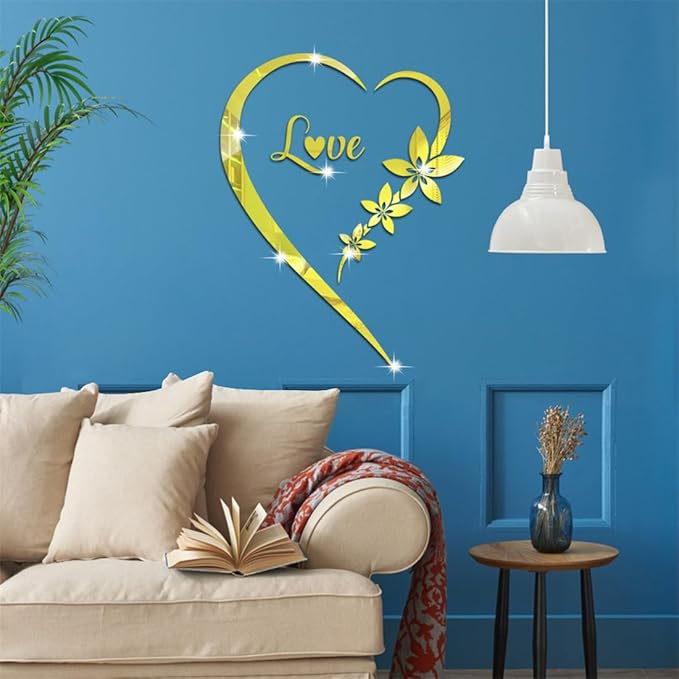 Heart Shape Mirror Wall Sticker, Self-Adhesive Love Heart Acrylic Mirror Wall Stickers Art Mural, DIY Walls Art Home Decor Heart Mirror Wall Decals for Living Room Bedroom Bathroom Office (Gold)