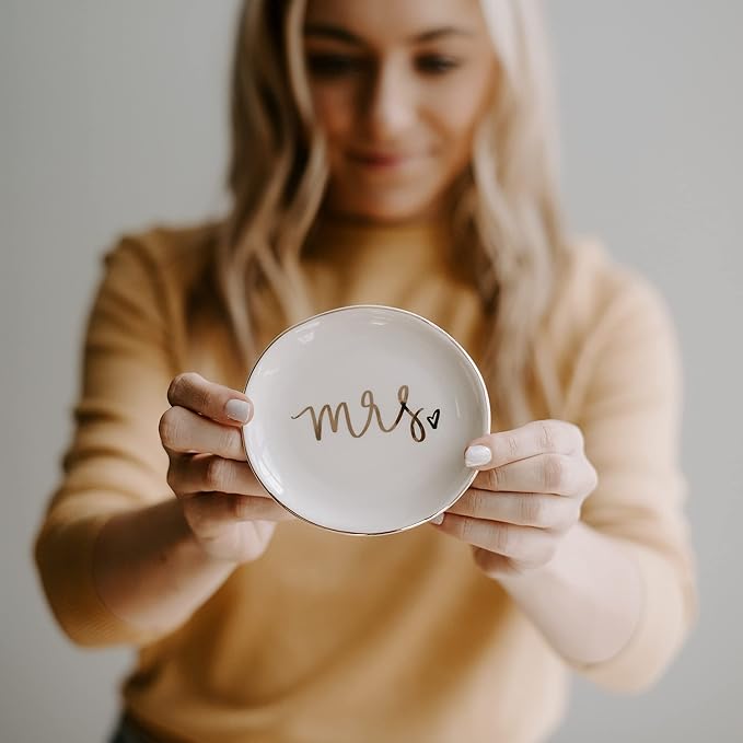 Sweet Water Decor Mrs. Engagement Ring Dish - Ceramic Wedding Ring Dish Holder for Future Mrs - Ring Tray for Jewelry with Gold Foil Accents & Designs - Jewelry Dishes for Women Fiance & Bridal Shower