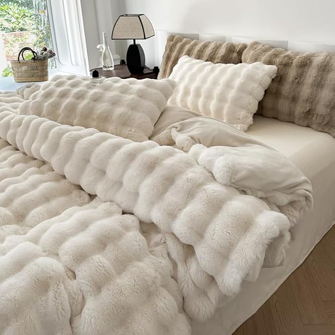 H&D Faux Fur Throw Blanket for Couch,Fluffy Cozy Soft Plush Luxury Thick Fuzzy Fleece Blanket for Couch Bed Sofa Bedroom Living Room,Comfy Bubble Blanket(Ivory, Full (70"x80"))