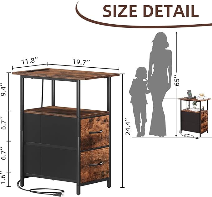 Somdot End Table with Charging Station,Narrow Side Table with 2 Fabric Drawers,Skinny Nightstand with Storage,Small Slim Bedside Table for Living Room,Sofa,Bedroom,Couch,Wood Grain Print