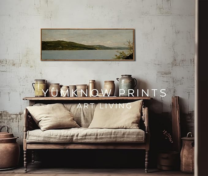 Framed Canvas Wall Art for Bedroom - Long Horizontal 13.5x40" Above the Bed - Vintage Farmhouse French Country - Lake Mountain Muted Moody Landscape - Cottagecore Aesthetic Master Guest Room Decor