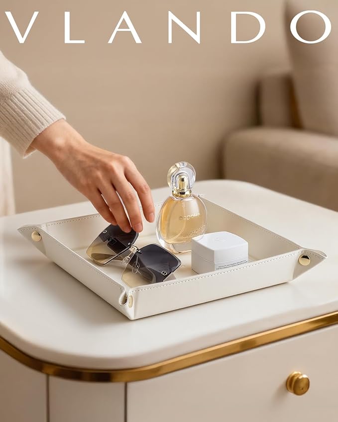 VLANDO Valet Tray,Nightstand Organizer Vanity Catchall Holder for Dresser Desk Storage Bedside, Travel PU Leather Jewelry Key Bowl Coin Watches and Candy Entryway Tray - Large, Beige