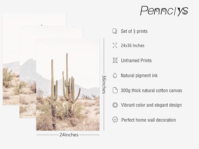 Pennclys Sonoran Desert Landscape Wall Art Cactus Arizona Canvas Wall Decor Desert Poster Pictures Saguaro Cactus Art Prints Landscape Painting for Home Bedroom 24x36x3 Inch Unframed