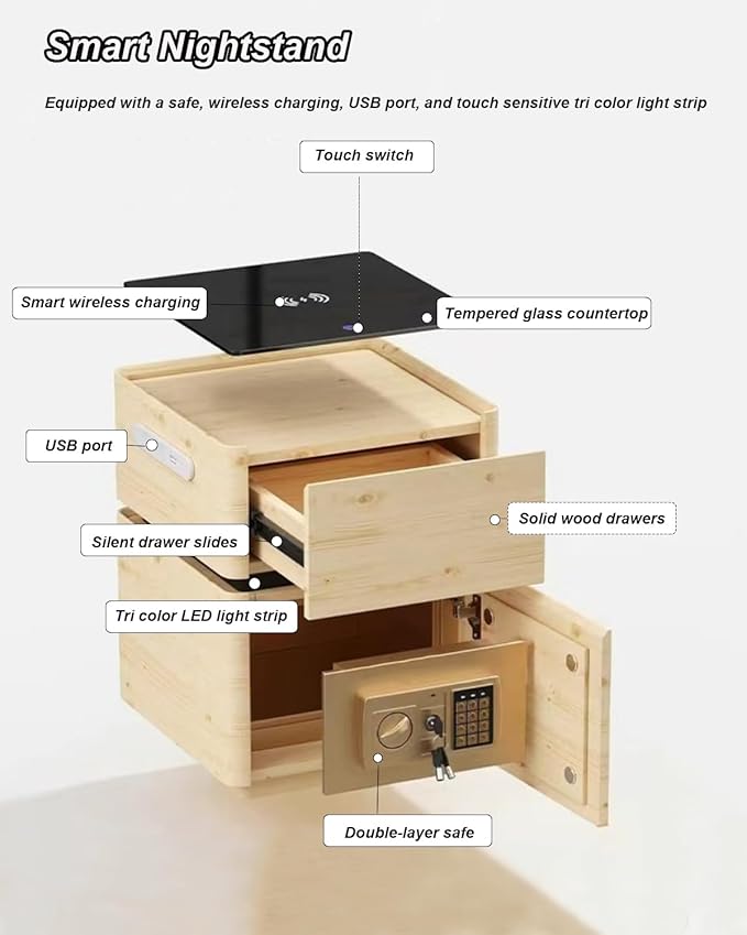 Smart Nightstand with Lock, Leather Bedside Table with Hidden Safe Built, Wood Drawer, USB and Wireless Charging, 3 Color LED, No Assembly Required (Black, 15.7in)