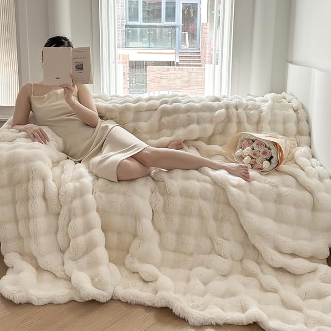 H&D Faux Fur Throw Blanket for Couch,Fluffy Cozy Soft Plush Luxury Thick Fuzzy Fleece Blanket for Couch Bed Sofa Bedroom Living Room,Comfy Bubble Blanket(Ivory, Queen (80"x90"))