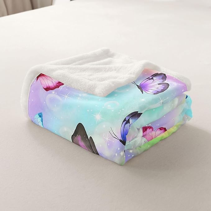 Erosebridal Rainbow Butterfly Fleece Throw Blanket 40"X50",Colorful Butterfly Gifts for Girls Women Adult,Glitter Stars Galaxy Sherpa Blanket for Bed Couch,Soft Lightweight Flannel Blanket