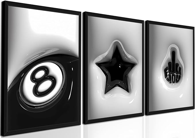 Modern Trendy Wall Art Set of 3, Black and White Lucky 8 Star Wall Decor Paintings Cool Preppy Finger Poster Canvas Prints for Dorm Bedroom Living Room 12x16 inch Framed