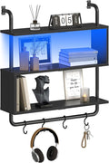 HOOBRO Floating Shelves with LED Lights, 29.5" LED Wall Mounted Gaming Shelf, 3-Tier Pipe Display Rack with Hanging Rod and 4 S-Hooks, for Storage Livingroom, Bedroom, Kitchen, Black BB21DBJ01